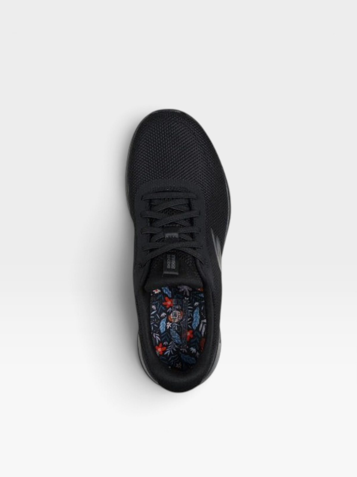 Tenis oklahoma Skechers Arch Fit para mujer en color negro con plantilla estampada floral, vista superior
