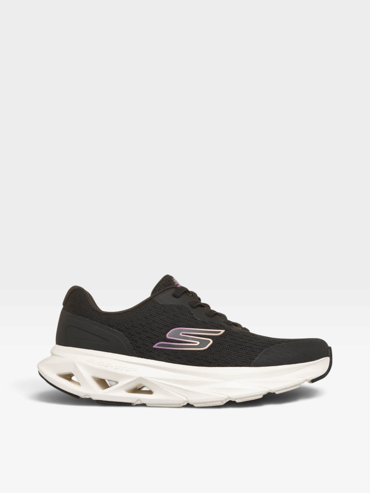 Tenis Skechers oklahoma negros con suela blanca gruesa y logo lateral iridiscente para mujer