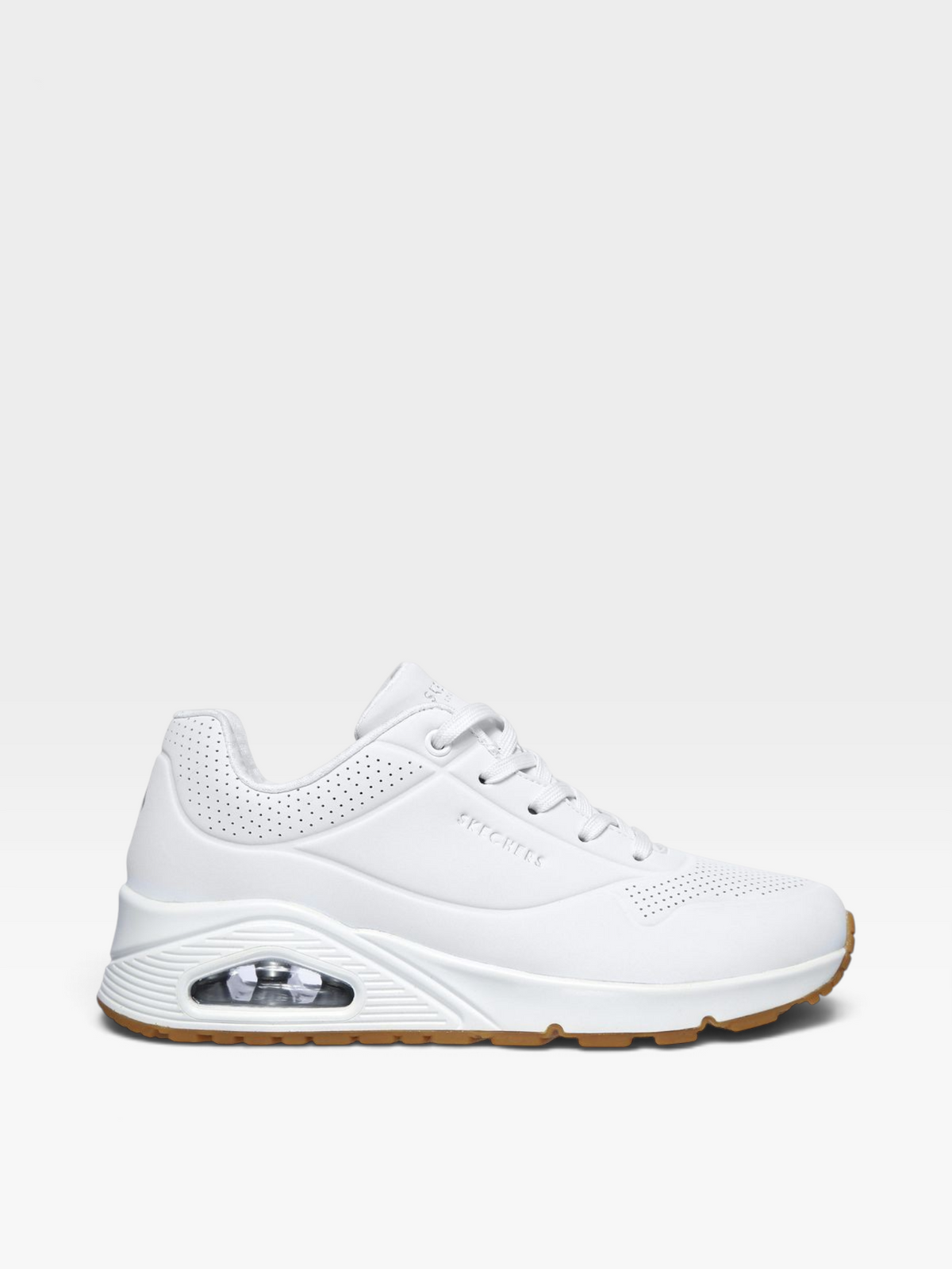 Tenis oklahoma Skechers Uno blancos de cuero sintético con suela Skech-Air y plantilla Memory Foam para mujer