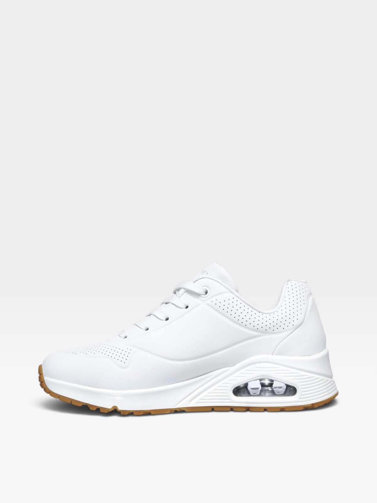 Tenis Skechers Uno blancos para mujer de oklahoma con suela de aire visible y cuero sintético perforado