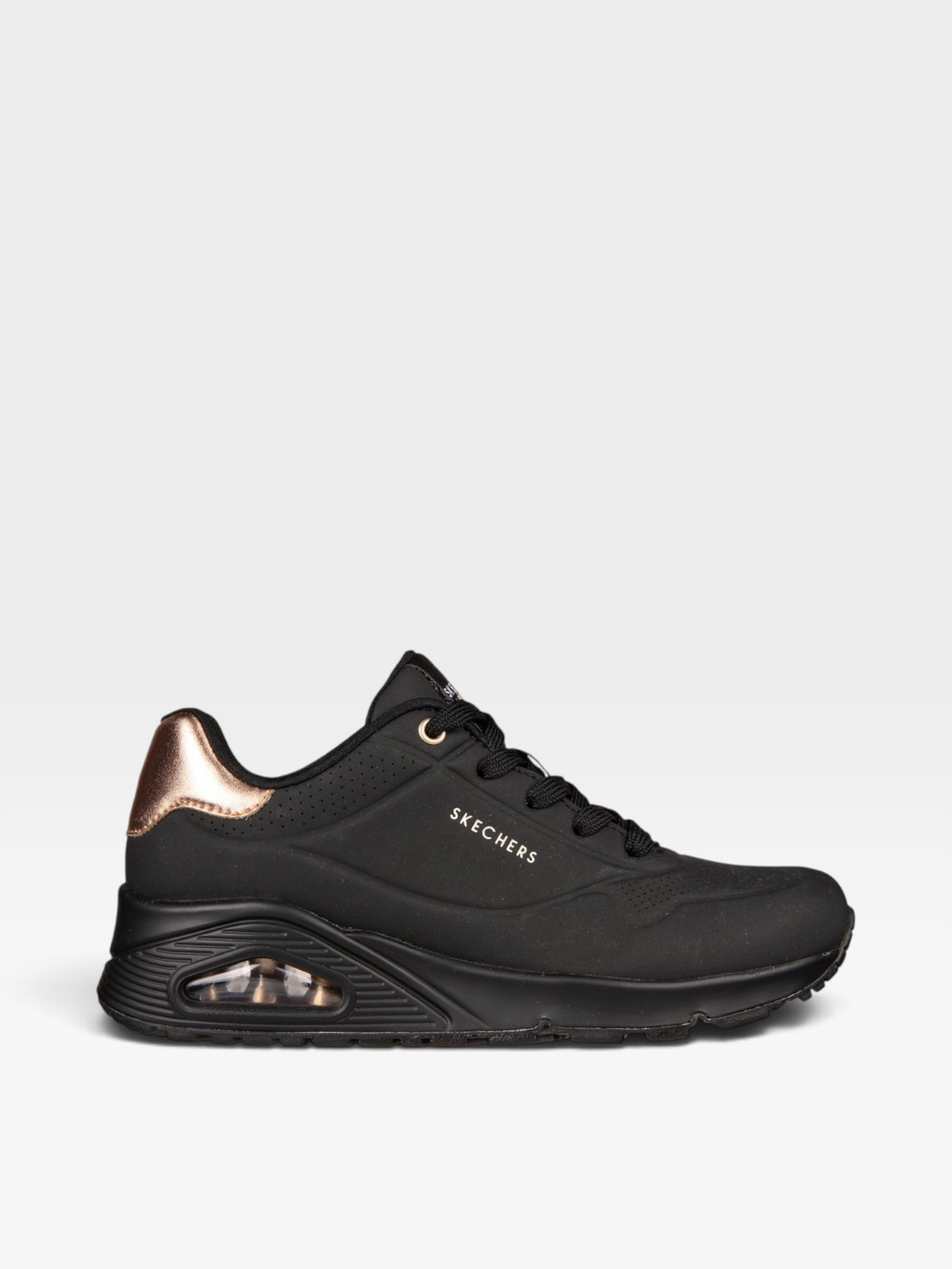 Tenis Skechers D'Lites negros para mujer con detalles en tono cobre y suela chunky, disponibles en oklahoma