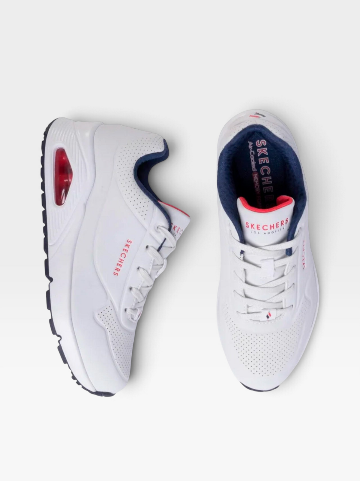Tenis Skechers Uno para mujer en oklahoma, diseño blanco con detalles en azul marino y rojo y suela con cámara de aire