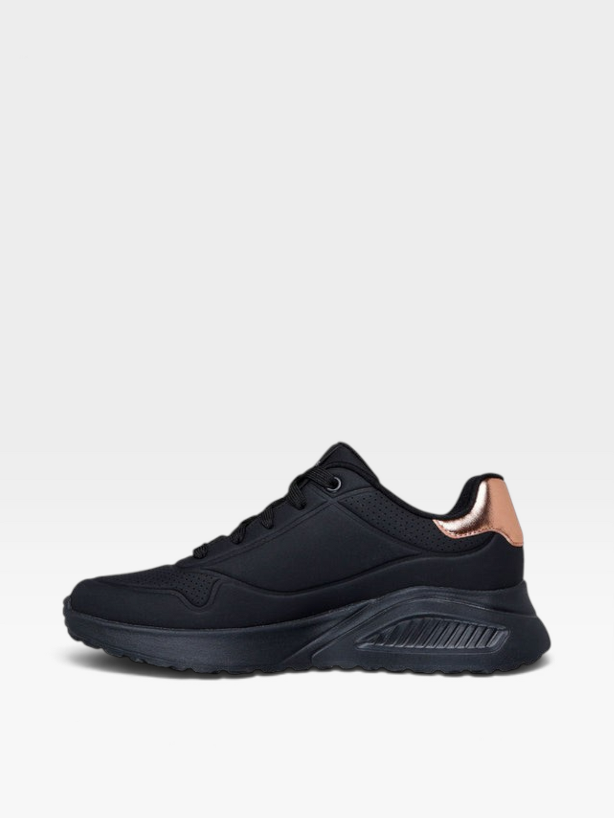 Tenis Skechers Embossed Dural para mujer en color negro con detalle metalizado en el talón, disponibles en oklahoma.