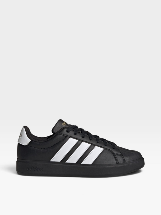 Tenis Adidas StreetTalk negros con franjas blancas laterales, disponibles en Oklahoma, estilo urbano y deportivo.